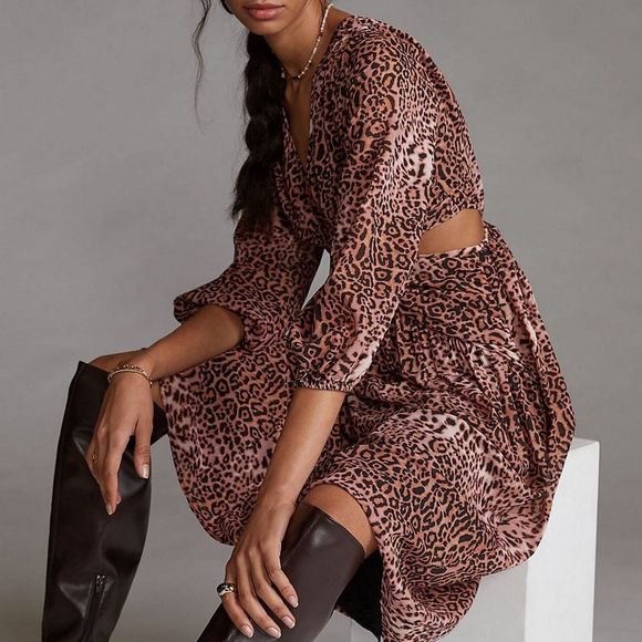 Anthropologie Ranna Gill Brown Motif Printed Cut-Out Midi Dress - Picture 2 of 9